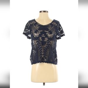 Navy Blue Express Sheer Lace Embroidered Top - Size S